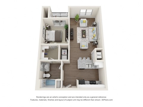 Floor plan for 1 bed, 1 bath, 656 sqft